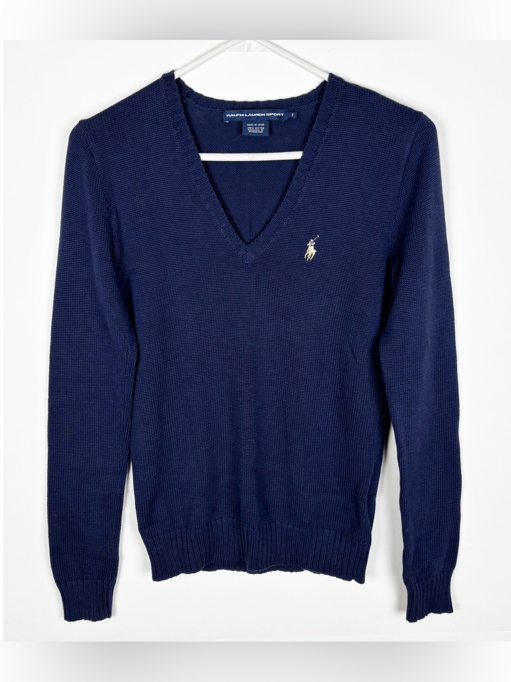 Polo Ralph Lauren Sport V Neck Sweater Small Navy Pony Logo Preppy Old Money